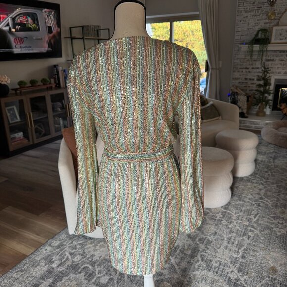 *NWT*Bebe Rainbow Sequin Tie Front Cocktail Dress - Picture 6 of 7